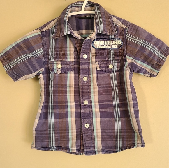 CALVIN KLEIN JEANS blue plaid cotton button down s - Picture 1 of 4